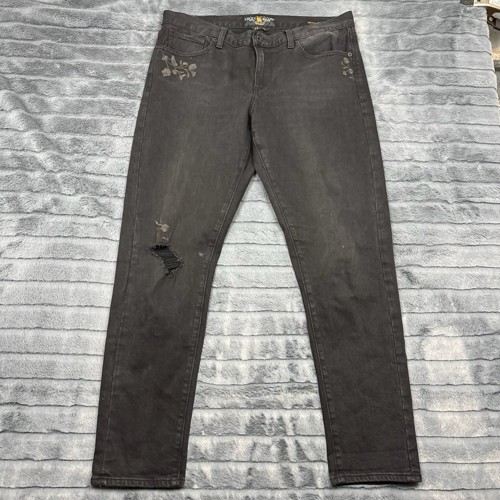 Lucky Brand Sienna Slim Boyfriend Black Embroidered Distressed Jeans 12 31 9185